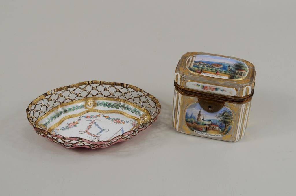 Continental Enameled Box & Copper Gaming Tray: Two Continental enameled items comprising a cut glass box with town scenes including Baden Baden and a copper gaming tray signed 'Dreyfus' on base. 2 7/8" high, 3" wide to 3 3/4" high, 5 1/4" long.