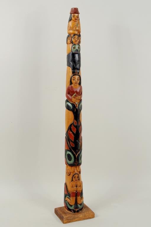 Northwest Coast Style Carved & Painted Totem: Northwest coast or Northwest coast style carved and painted totem. Totem 23 1/2" high, 2 1/2" wide.