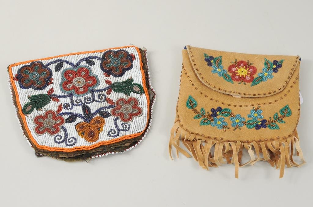 Two Inuit Floral Beaded Bags: Two Inuit florally beaded bags, the larger probably Athabascan. 5 1/2" high, 6" wide to 6 1/4" high, 7" wide.