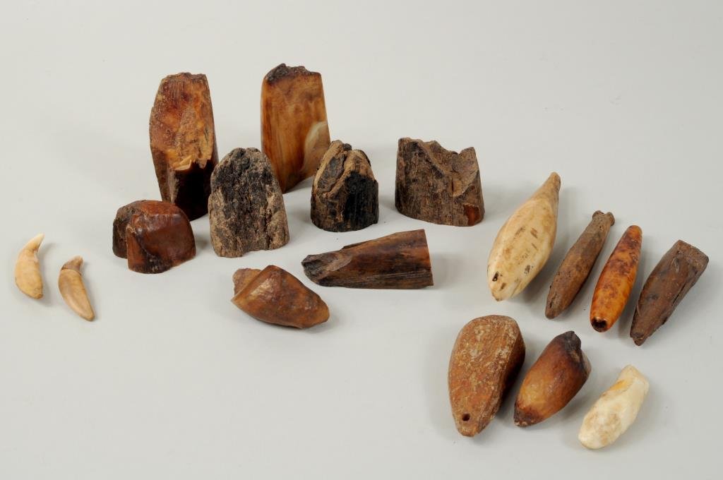 Group of Inuit Carved Items: Group of Inuit carved items comprising seven fossilized sinkers, eight walrus tusk pieces and two sea lion teeth. 1 3/4" long, 5/8" wide to 3 3/4" long, 1" wide.