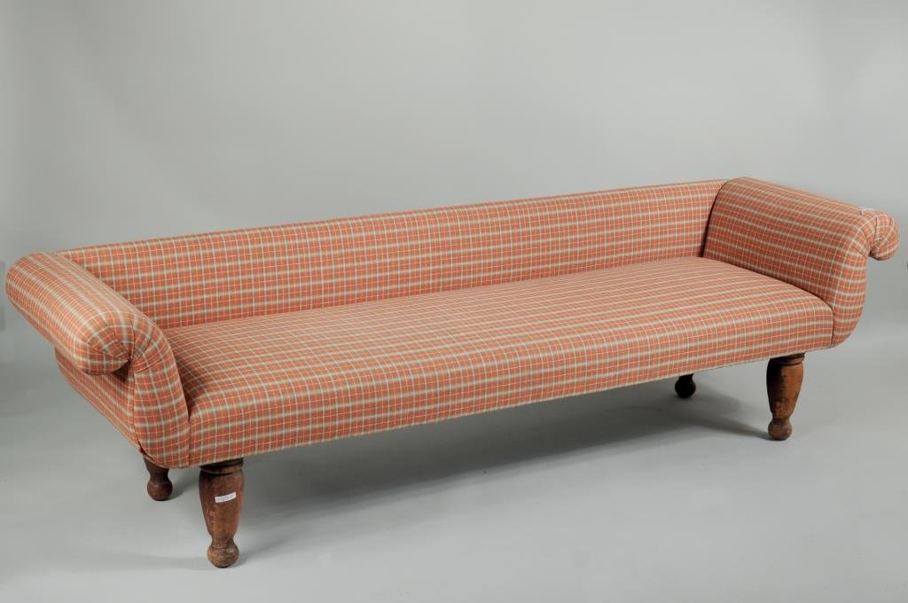 American Country Couch, From Bed: American country couch, originally a daybed, upholstered in plaid linen. 23 1/4" high, 23 1/2" deep, 84" long.