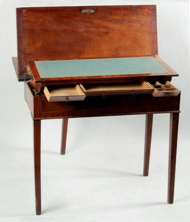 Unusual Georgian Mechanical Game Table Desk: Unusual Georgian mahogany mechanical game table desk, possibly English, 19th century, legs stamped "Lyon" at top. When second leaf is lifted and folded back over first, a hidden writing board with thr