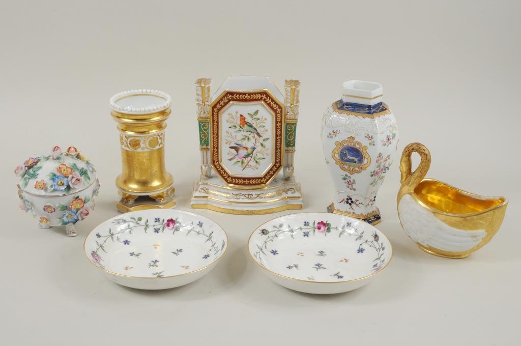 Jacob Petit Vase & Six Continental Porcelain Items: Seven Continental porcelain items including a Jacob Petit (French, 1796-1868) vase, initialed on base; a Sevres or Sevres style parcel gilt swan, signed on base and other items. 4 3/4" high, 2 3/4" wi