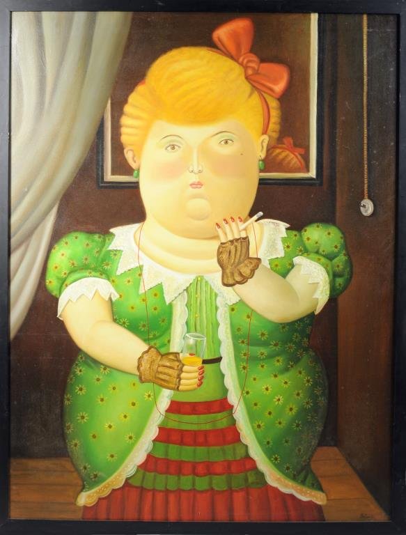 Manner of Fernando Botero, "Lady" O/C: In the manner of Fernando Botero (Columbian, B. 1932), "Lady" oil on canvas, signed, dated lower right. Botero '80. Sight size: 65" high, 49 1/2" wide. Frame size: 68" high, 52 1/2" wide. Condition: s