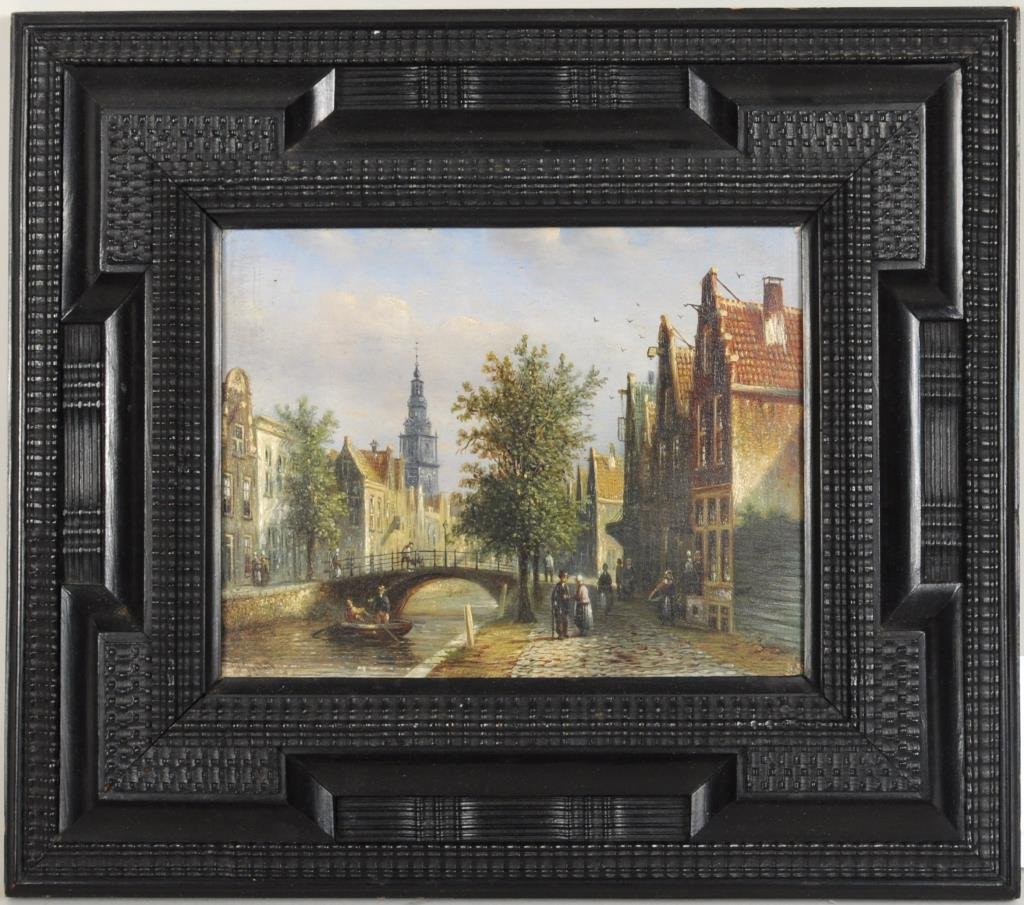 Dutch School "Village Canal" O/C: Dutch school "Village Canal" oil on panel, signed indistinctly lower left, legend verso "Amsterdam Holland 1883". Sight size: 6" high, 7 3/4" wide. Frame size: 12 1/2" high, 14" wide. Condition: sligh