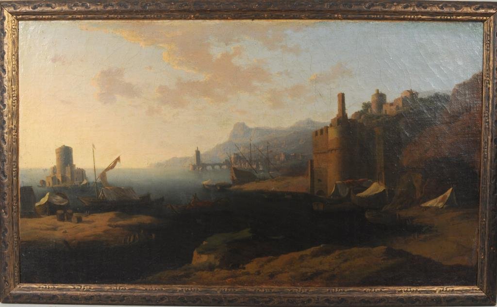 Continental School 19th C. "Harbor Scene" O/C: Continental school, 19th century, "Harbor Scene" oil on canvas, unsigned. Sight size: 19 3/4" high, 33 3/4" wide. Frame size: 23" high, 36 3/4" wide. Condition: crazing, restoration, scattered small s