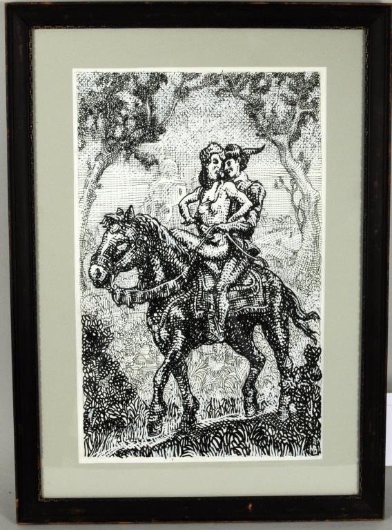 Mahlon Blaine "The Decameron of Boccaccio": Mahlon Blaine (American, 1894-1969), "The Decameron of Boccaccio" (illustration for the Bibliophilist Society) Volume 2, P. 34, initialed lower right. Framed, not examined out of frame. Sight size: 15