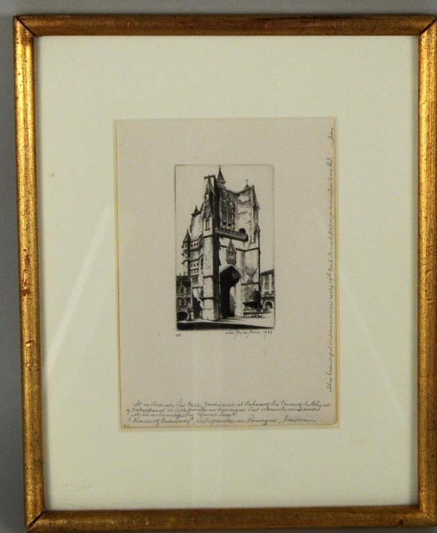 J.T. Arms "Tower of Church of Notre Dame Avignon": John Taylor Arms (American, 1887-1953), "Tower of the Church of Notre Dame Avignon" etching, signed, numbered, inscribed "This beautiful impression on early 19th century French paper is dedicated to m