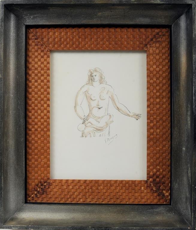 Georges Braque "Male Figure" Ink & W/C: Georges Braque (French 1882-1963), "Male Figure" ink and watercolor on paper signed lower right. "G. Braque". Framed, not examined out of frame. Sight size: 10 1/2" high, 7 7/8" wide. Frame size: 18 1