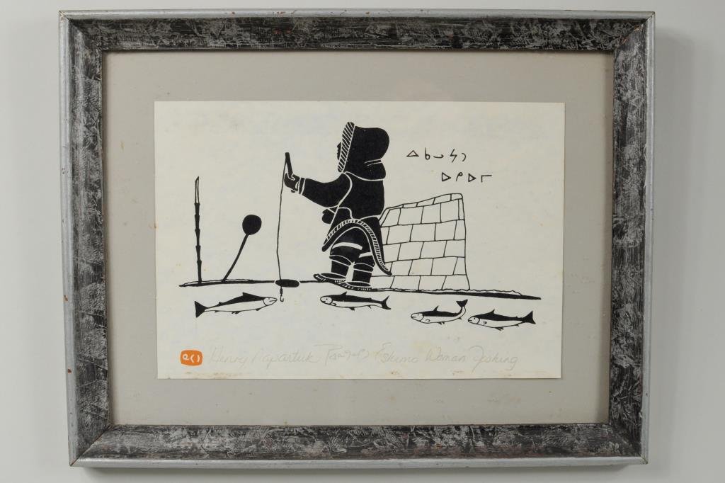 Henry Napartuck Signed Print: Henry Napartuck, Inuit (1932-1985), "Eskimo Woman Fishing" print, signed, titled in pencil, framed, not examined out of frame. Sheet size: 6 1/2" high, 9 1/2" wide. Frame size: 10 1/2" high, 13 1/2" w