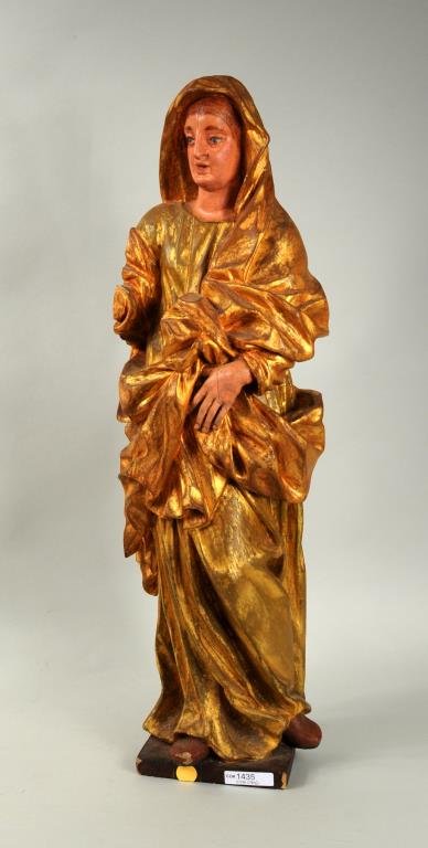 Mexican Carved & Gilded Altar Ornament: Mexican carved and gilded altar ornament with painted face, gilt robes. 24 1/2" high, 8" wide. Condition: age cracks, paint wear, loss, repaint.