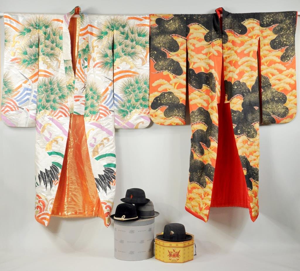 Two Vintage Japanese Wedding Kimonos/Mens Hats: Two vintage Japanese wedding kimonos, four vintage men's felt hats and two original boxes including a Stetson and a Knox hat. Approximately 4 1/2" high, 11" wide to 71" long, 52" wide. Condition: soil