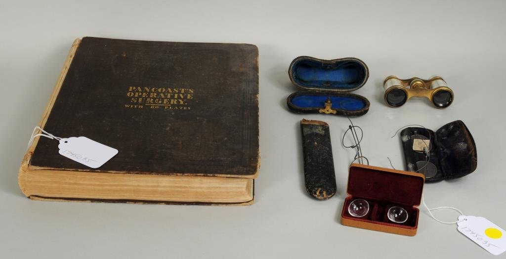 Antique Optical Items, "Pancoast's Surgery": Three pair antique optical items, a pair of opera glasses, and 'Pancoasts Operative Surgery', 2nd edition with 80 plates. 3 1/4" high, 1 3/4" wide to 12 3/4" high, 10 1/2" wide. Condition: wear, losse