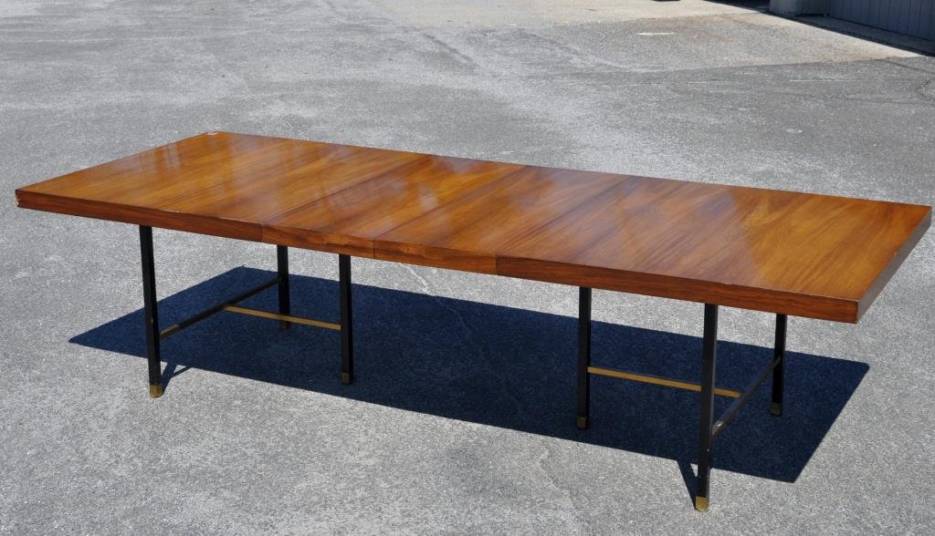 Harvey Probber Dining Table: Harvey Probber mid-century walnut dining table with two leaves, chrome "H" form base, by Harvey Probber, Inc., originally purchased with the following lot of eight chairs. 44” wide, 29.25” high, 8