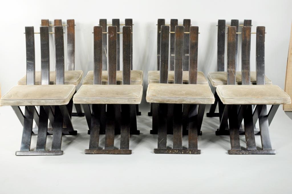 Harvey Probber Set Eight Scissor Form Dining Chairs: Set of eight Harvey Probber scissor form dining chairs, 1950's Modernist recreation of the Sedia a Tenaglia of the Renaissance period, with interlaced mahogany slats with dark finish, upholstered seat