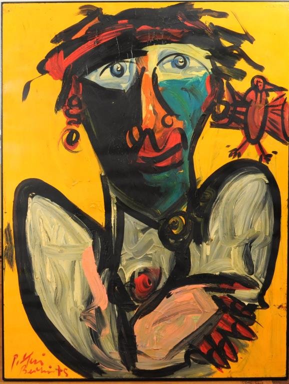 Peter Robert Keil, "Bird Boy" O/C: Peter Robert Keil (b. 1942), "Bird Boy" oil on canvas signed, noted lower left Berlin '75, titled, signed verso. Sight size: 48" high, 36" wide. Frame size: 48 1/2" high, 36 1/2" wide. Condition: smal