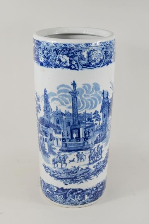 Transferware Blue/White Porcelain Umbrella Stand: Transferware blue & white porcelain umbrella stand. 17" high, 8" diameter.