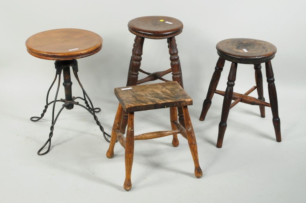 Four Small Vintage Stools: Four small stools comprising three turned stools and an adjustable stool. 14" high, 11" wide to 19" high, 14" diameter. Condition: finish wear, loss, age cracks, stains, losses, loose joints.