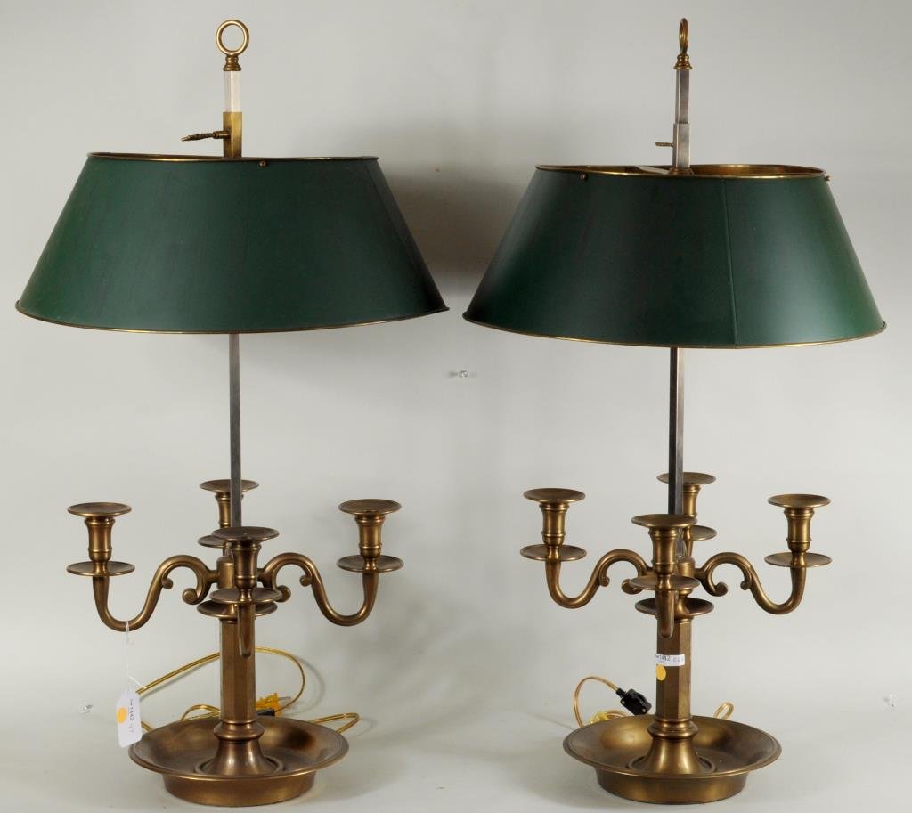 Pair Large Brass Bouillotte Four Light Lamps: Pair of large brass bouillotte four light lamps with green tole shades. 36" high, 19" diameter.