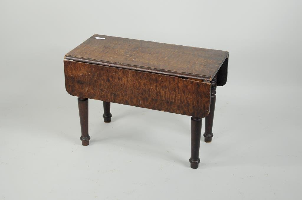 Figured Maple Salesmen's Sample Table: Figured maple salesmen's sample drop leaf table, rectangular top with D form falling leaves, on turned ring and baluster turned tapering column legs. 17" high, 23" wide (open), 24" deep. Condition: su