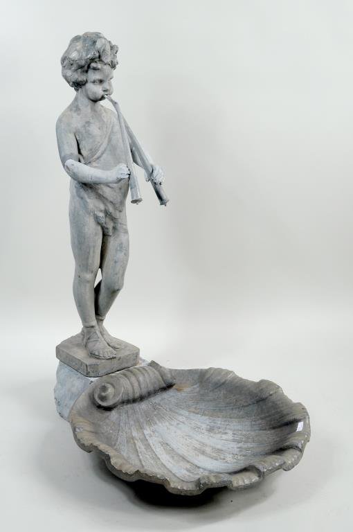 Lead Figural Fountain By Florentine Craftsmen, NY: Lead figural fountain by Florentine Craftsmen, N.Y. depicting Pan with shell base. 37" high, 20 1/2" wide, 28" deep. Condition: break to one pipe, restoration to arms.