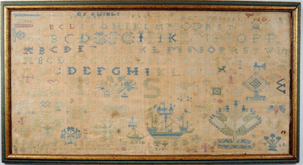 Alphabet Sampler Dated 1680: Alphabet sampler dated 1680 depicting a sailing ship with dinghy, an elaborate tree, animals and other images, monogrammed SD. Framed, not examined out of frame. Sight size: 12 1/2" high, 25" wide. Fr
