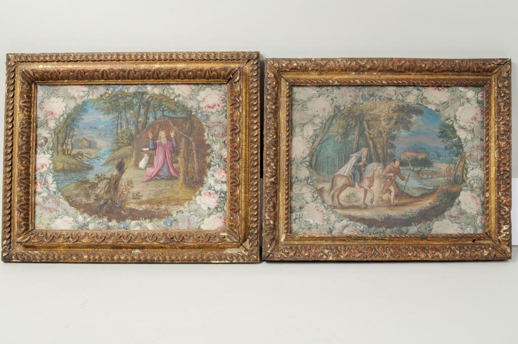 Two Continental Religious Works: Continental School, two religious works, gouache on paper, both in a painted floral surround, unsigned, framed. Not examined out of frames. Sight size: 6 3/8" high, 8 1/2" wide. Frame size: 9 1/4" hig