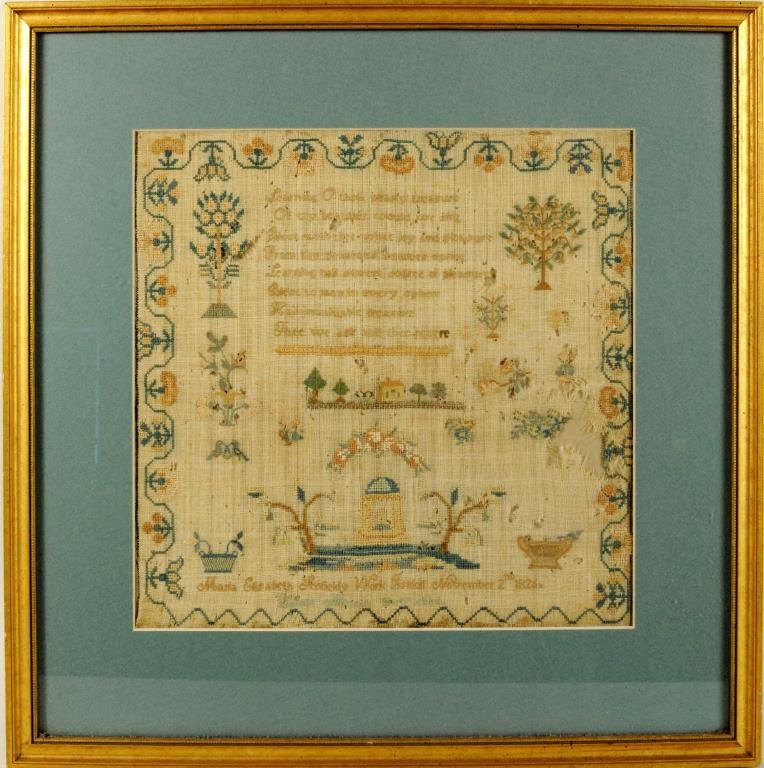 American Needlework Sampler, Fishkill NY 1826: Framed American needlework sampler, with field of verse, flowers and architectural details, signed "Maria Elizabeth Scofield Work Fishkill November 2nd 1826". Sight size: 13" high,13" wide; frame size