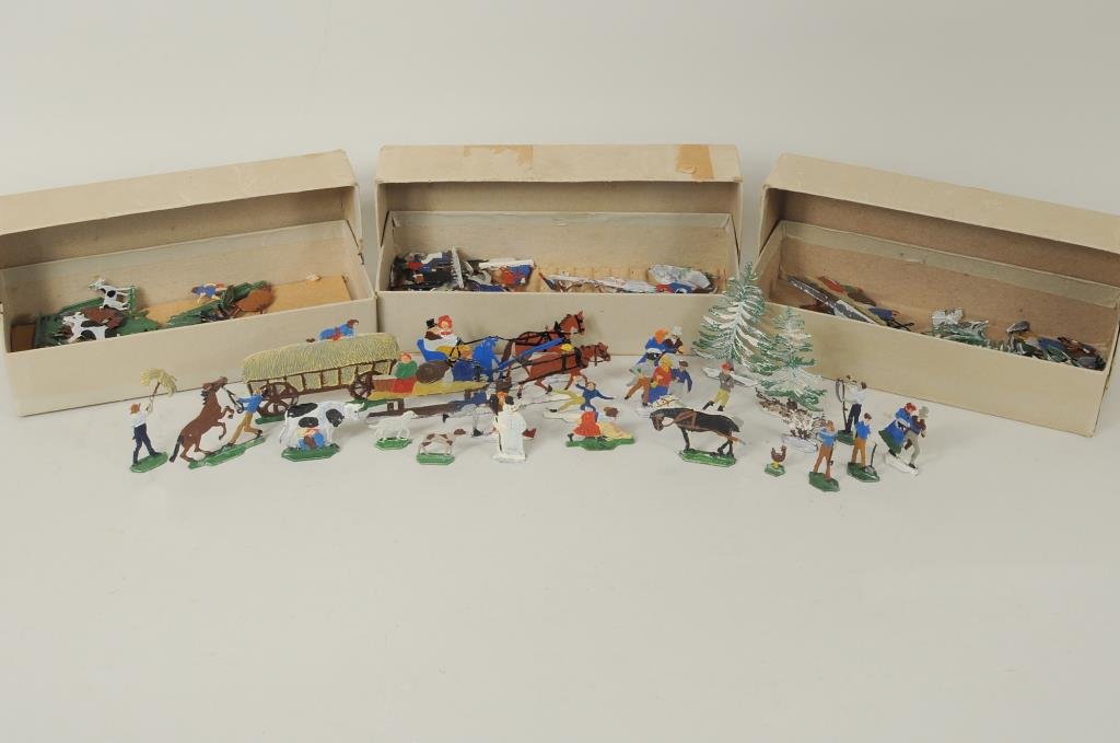 Three Boxes Painted Metal "Art Craft" Miniatures: Three boxes of painted metal miniatures manufactured by "Art Craft Products, Norwalk, CT" comprising "Down On The Farm, Old Fashioned Ice Skating Scene and Old Fashioned Ice Skating Party." 1 5/8" hig