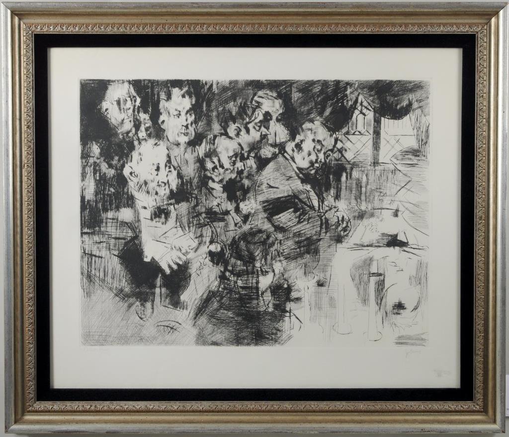 Jack Levine "Gangster Funeral" Artists Proof: Jack Levine (American, 1915-2010), "Gangster Funeral" etching (1952-1953) numbered, signed in pencil "Artists Proof J. Levine". Framed, not examined out of frame. Sight size: 24 1/2" high, 29 1/2" wid