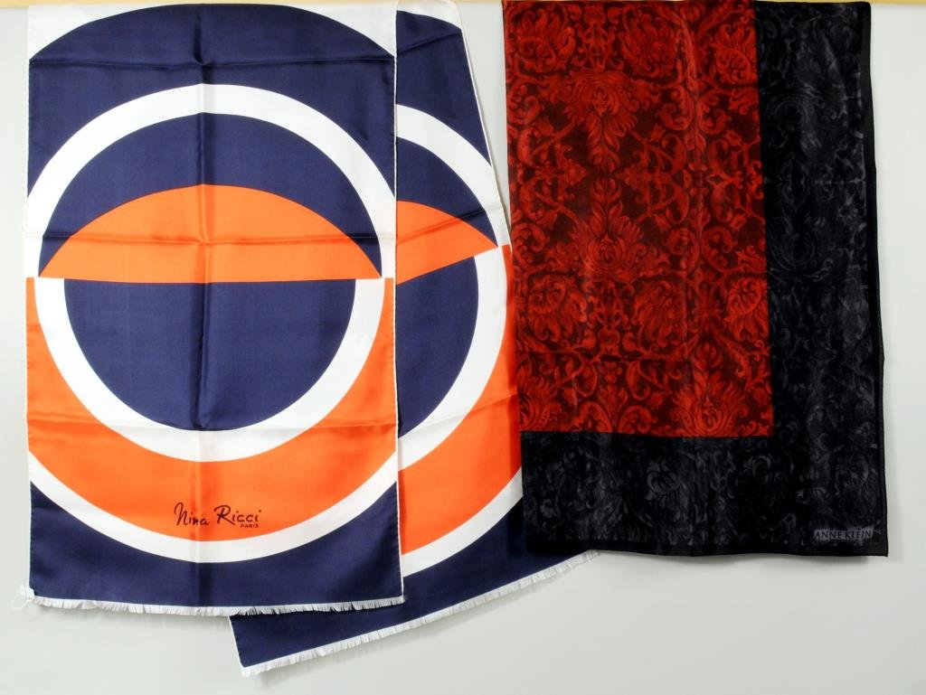 Two Scarves, Nina Ricci & Anne Klein: Two scarves comprising a Nini Ricci and Anne Klein scarf. 17" wide, 66" long to 34" wide, 34" long.