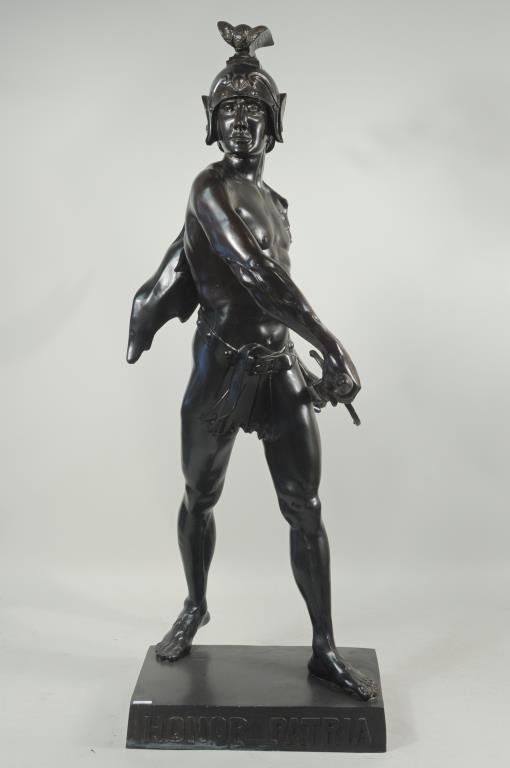 After Picault, Bronze Alloy Sculpture: After Emile Louis Picault (French, 1839-1915), bronze alloy sculpture "Honor Patria", incised on base "E. Picault". 69 1/2" high, 36" wide, 24" deep. Condition: ding or casting defect to right cheek, 