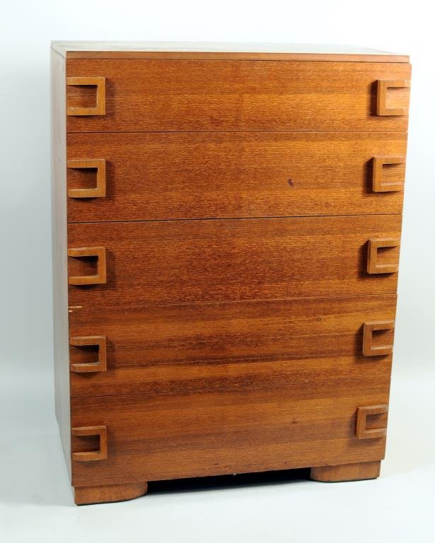 Mid Century Walnut Five Drawer Chest: Mid century modern walnut five drawer chest with unusual three sided pulls. 49 1/2" high, 36" wide, 20 1/4" deep. Condition: a few stains, scratches to top, small age cracks, stains to pulls, small sc