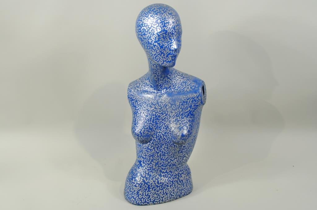 Angel Ortiz "Untitled" Mixed Media On Mannequin: Angel Ortiz (LAII, b. 1967), "Untitled" mixed media spray marker on wood mannequin signed "LA " in eye sockets. 32" high, 12" wide. Condition: paint wear, loss.