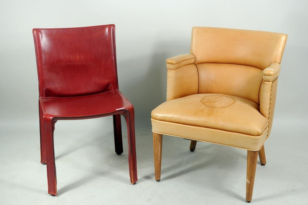 Two Modern Leather Upholstered Chairs: Two leather chairs comprising a Gunlocke armchair, original label on rear leg, and a Mario Bellina burgundy leather desk chair impressed Cassina on underside. 31 1/2" high, 18 1/2" wide, 15 3/4" deep 