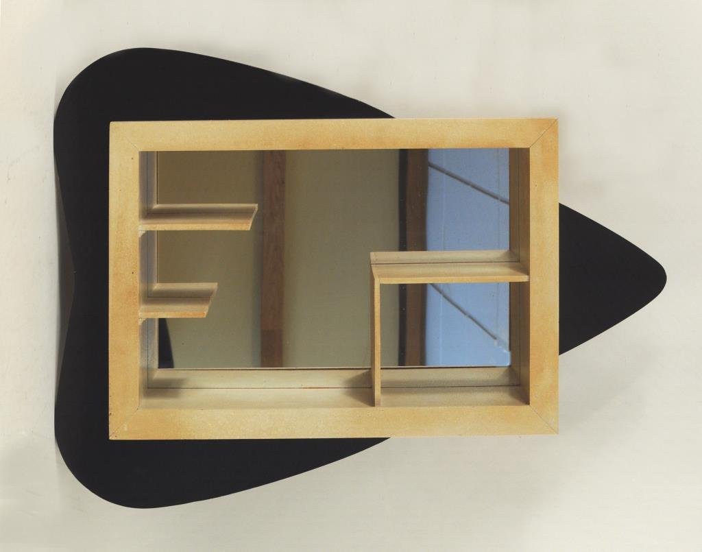 Mid Century Modern Mirrored Wall Display Cabinet: Mid century modern mirrored wall display cabinet. 20 1/2" high, 28 1/2" wide. Condition: soiling.
