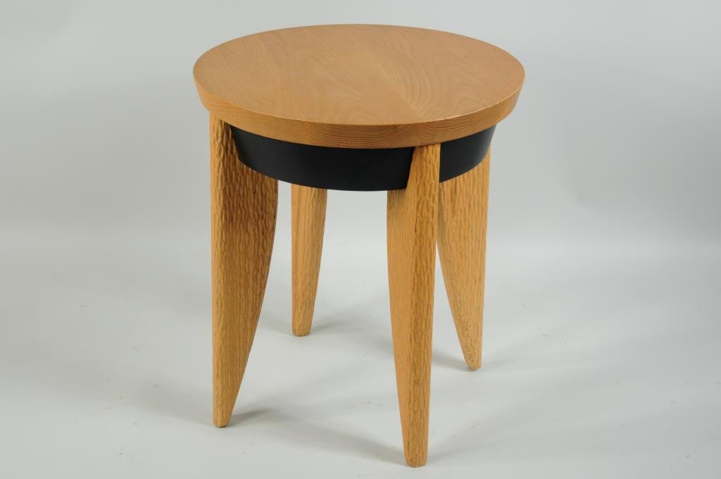 Italian Modern Ash & Composite Occasional Table: Italian modern ash and composite occasional table. Round top on tapering faux bois legs. 28" high, 23 1/2" diameter.