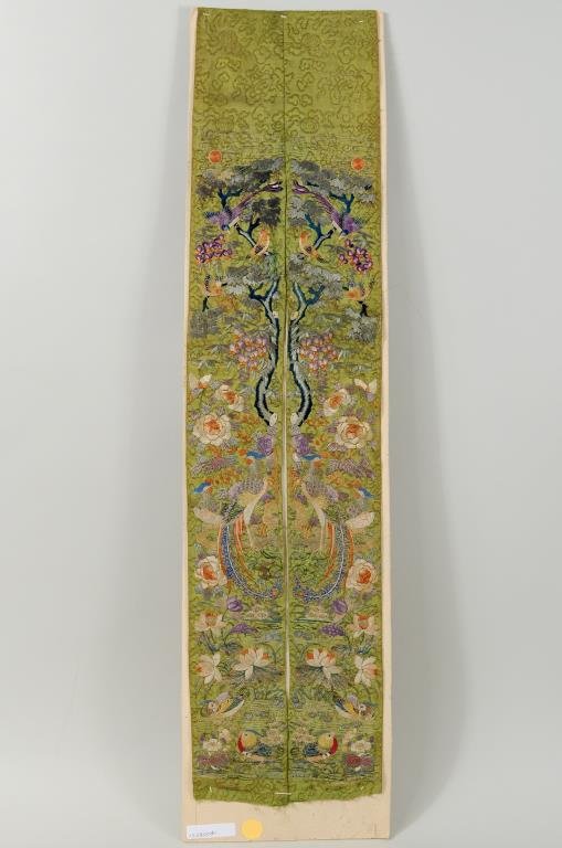 Pair Chinese Embroidered Silk Sleeve Bands: Pair of Chinese embroidered silk sleeve bands mounted on cardboard. 30" long, 7" wide. Condition: light soiling, tears, losses at bottom edges.