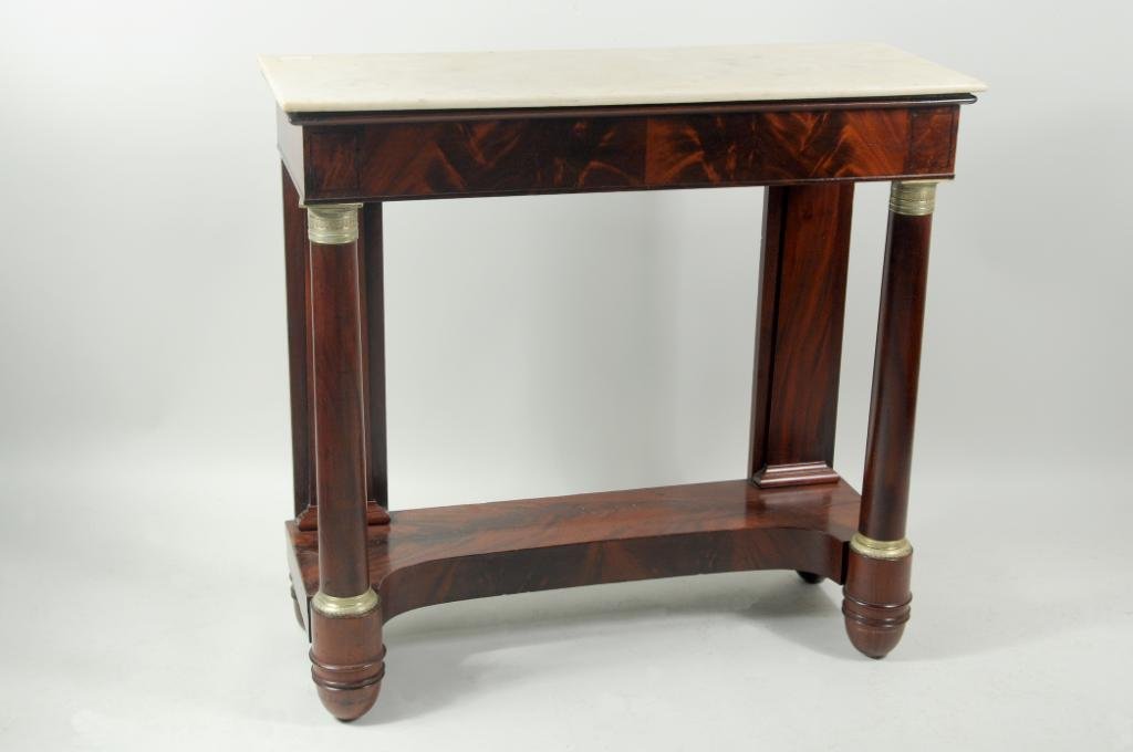 American Classical Pier Table: Fine classical carved and bronze mounted pier or console table, with white marble top; probably New York, circa 1820-30. 14 1/2" deep, 39 1/2" wide, 37" high. Condition: small old defect to top, some 