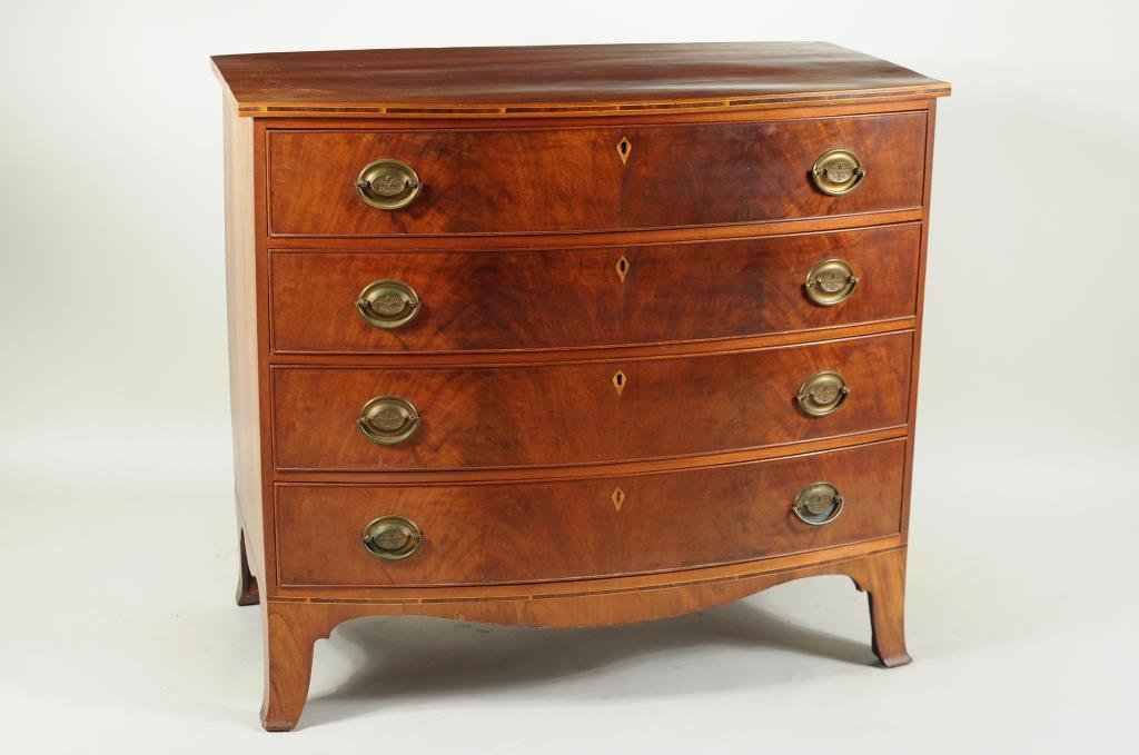 Hepplewhite Mahogany Swell Front Chest: Hepplewhite mahogany swell front chest, top edge and base with mahogany and satinwood line inlay with four drawers over scalloped apron. 36 1/2" high, 41" wide, 23 3/4" deep. Condition: finish wear, l