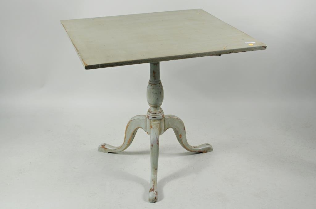 Painted Queen Anne Tip Top Tea Table: Painted Queen Anne tip top tea table with square top, turned stem on pad feet in pale green scrubbed paint surface. 28" high, 30" wide, 31" deep. Condition: dings, scuffs to top, paint wear, loss.