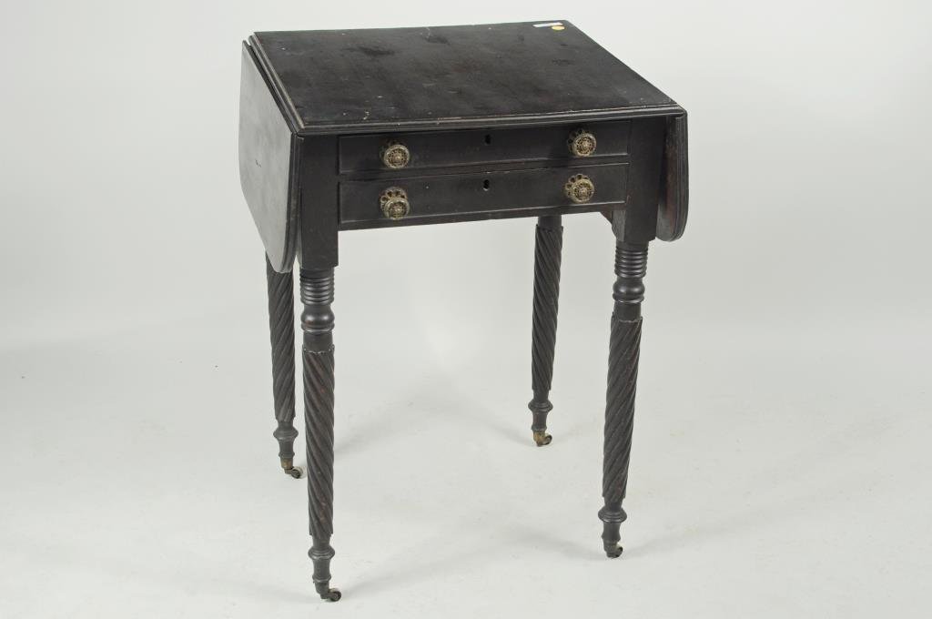 Sheraton Drop Leaf Two Drawer Work Table: Sheraton drop leaf two drawer work table with twist turned legs on casters. 29" high, 20 1/4" wide, 18" deep. Open: 37 1/4" wide. Condition: finish wear, loss, scratches, dings, top partially loose fr