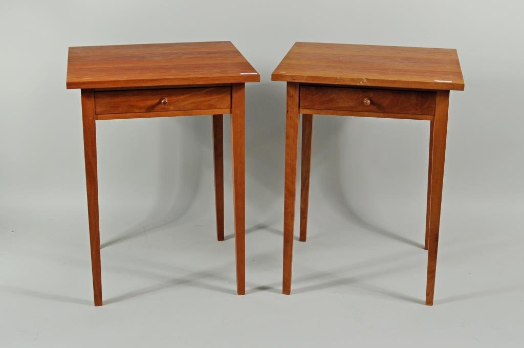 Pair Thomas Moser Signed Shaker Style Night Tables: Pair of Thomas Moser Shaker style cherry wood night tables with glass tops. One signed on underside "Thos Moser Cabinetworks Auburn, Maine, 1991 Bernard Boisvert". 26 1/2" high, 20" wide, 20" deep. Co