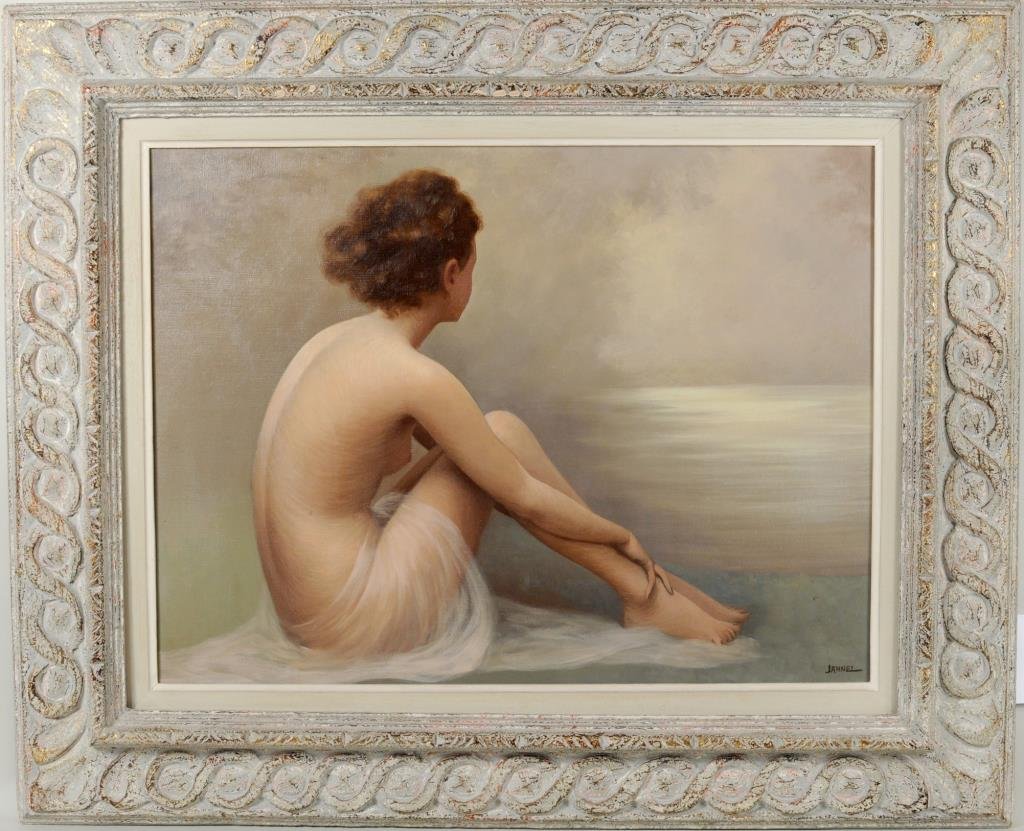Jean Jannel "Nude" O/C: Jean Jannel (French, B. 1894), "Nude" oil on canvas, signed lower right "Jannel". exhibition label on verso "Salon des Independants 9 Rue Alfred Stevens Paris, Classique et Neo-Classiques". Sight size