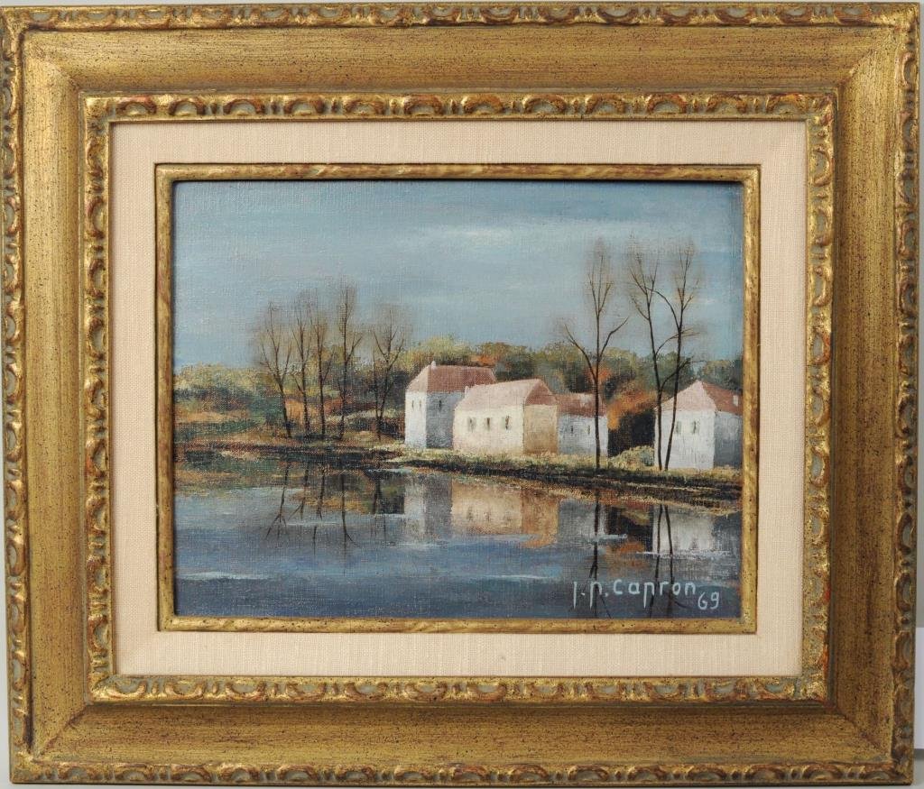 Jean Pierre Capron "Reflets Dans L'eau" O/C: Jean Pierre Capron (French, 1921-1997) "Reflets Dans L'eau" oil on canvas, signed, dated lower right 1969. Original Marshall Field price tag of 985.00 on verso. Sight size: 10 1/4" high, 13 1/2" wide.