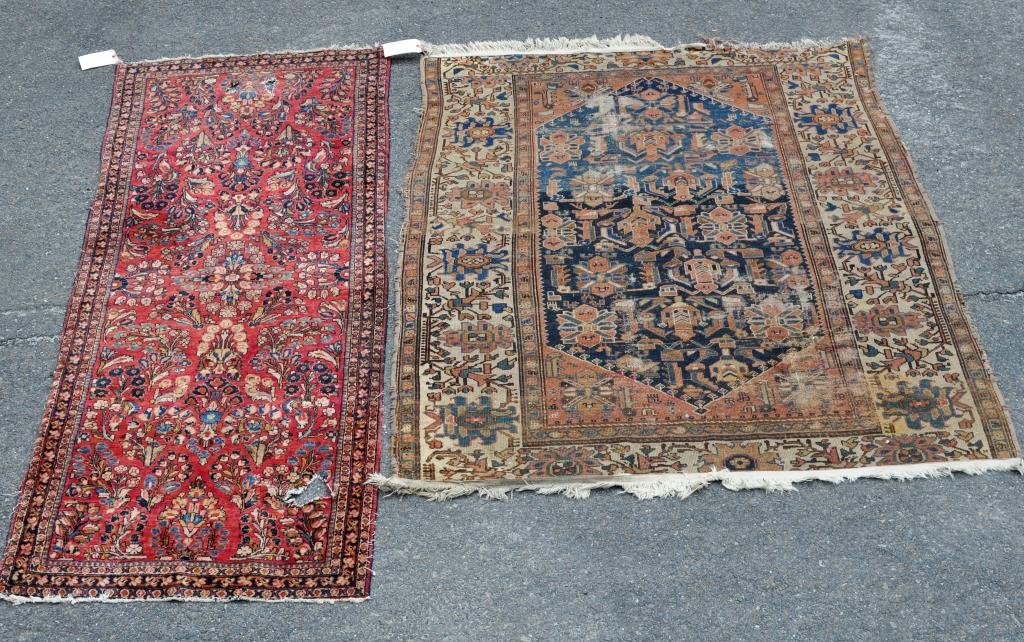 Malayer Rug & Sarouk Runner: A Malayer rug and Sarouk runner. 78" long, 31 1/2" wide to 66" long, 50" wide. Condition: pile wear, loss, holes, losses. All rugs sold as is.