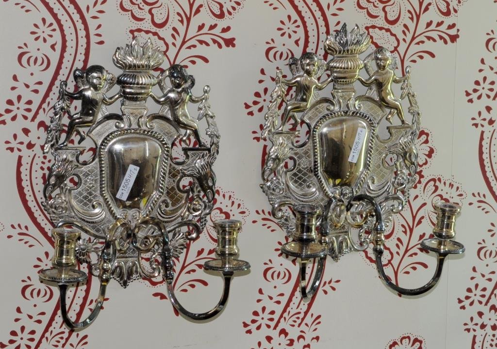 Pair Sheffield Silver Shield Form Wall Sconces (1 of 1)