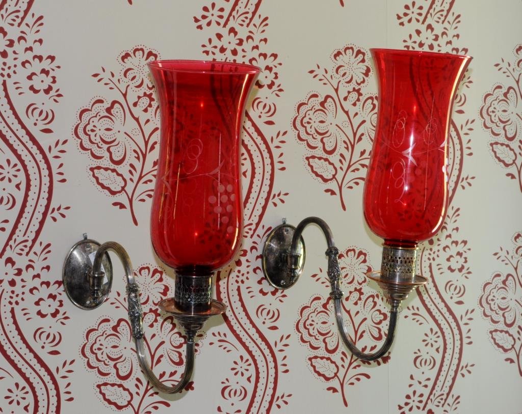 Pair Sheffield Silver Wall Sconces, Rose Shades (1 of 2)