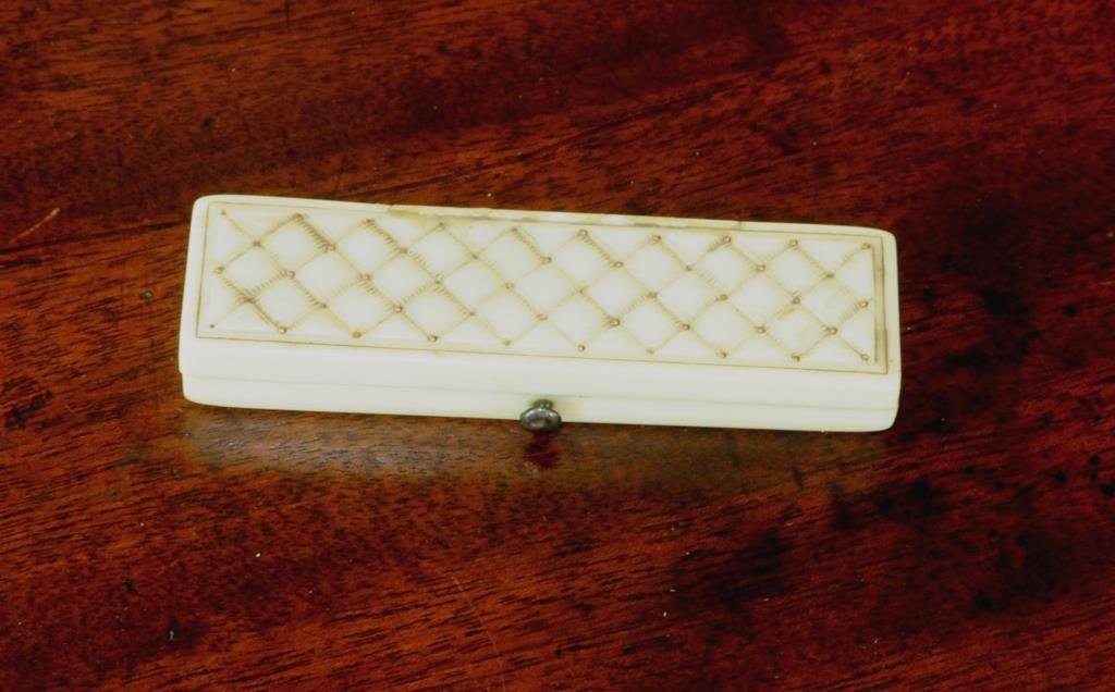 Small Ivory/Gold Memento Mori Patchbox: Small Ivory/Gold Memento Mori Patchbox interior mirrored, with steel pick, 18th c.;approximately 3" long