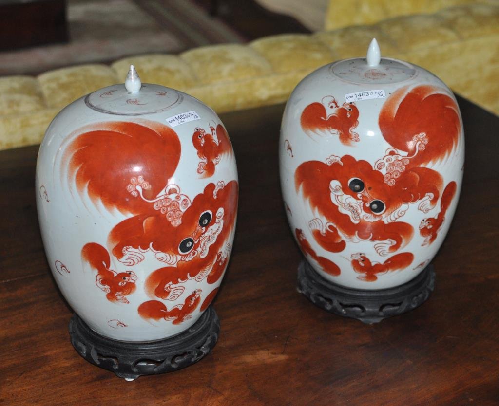 Pair Chinese Porcelain Lidded Jars/Stands (1 of 2)
